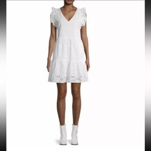 Time and Tru Cotton Flutter Sleeve White Eyelet Lined Dress with Pockets Medium